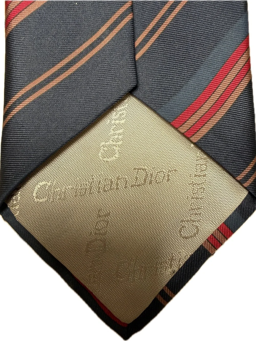 Dior Navy Silk Tie with Red and Tan Stripes